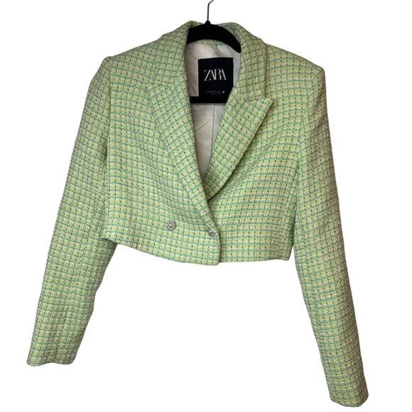 ZARA XS Light Green Tweed Cropped Jacket Notched Collar Summer Weight - Picture 5 of 15